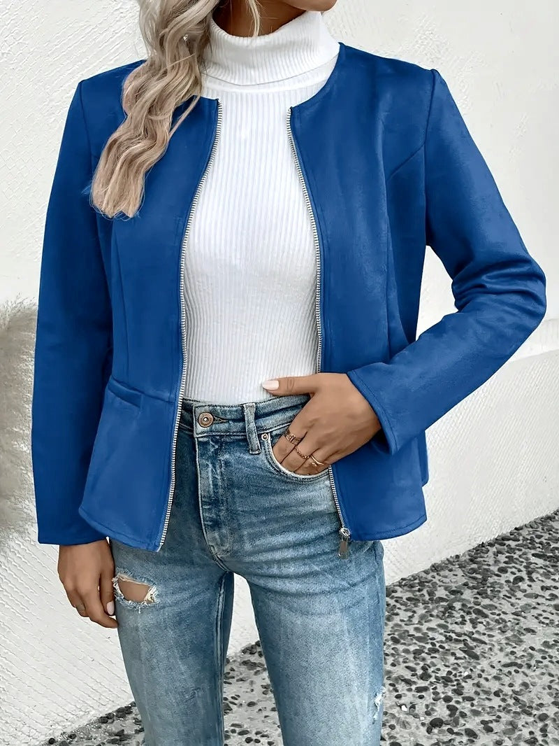Slim-Fit Faux Suede Jacket with Round Neck and Zip Front