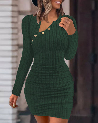 Bodycon Mini Dress with Oblique Collar and Buttons