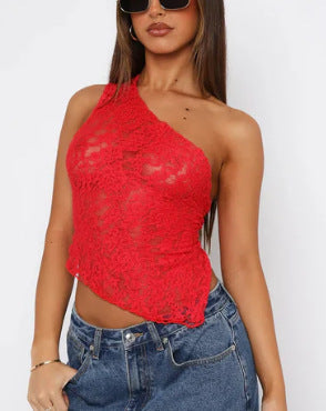 One-Shoulder Lace Top with Handkerchief Hem and Tie-Back