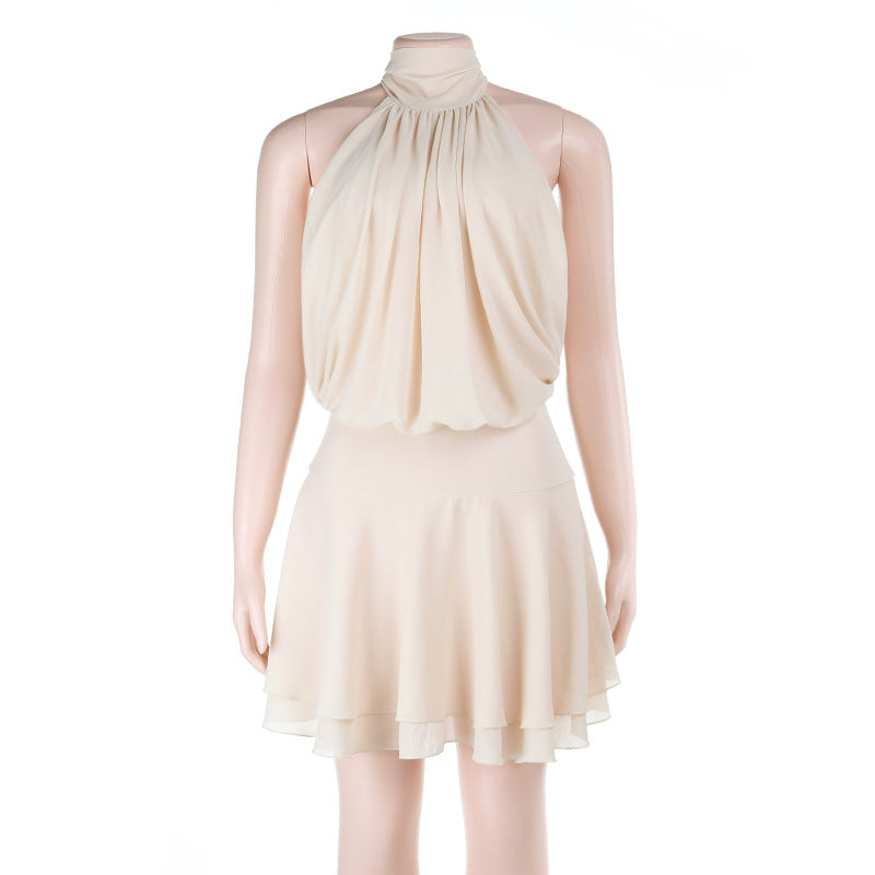 Halter Neck Chiffon Mini Dress with Drop Waist and Ruffled Hem