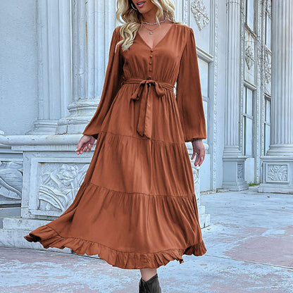 Solid Color Tiered Midi Dress with V-Neck and Tie Waist