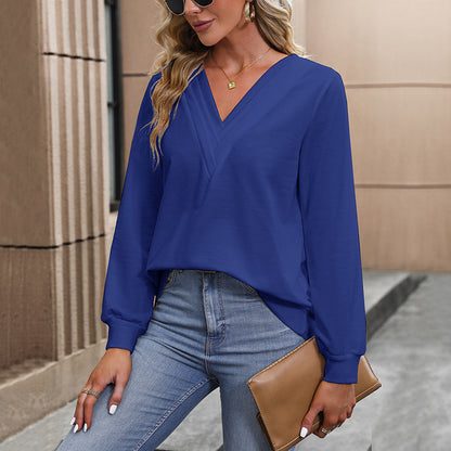 Solid Color Crossover V-Neck Top with Long Sleeves