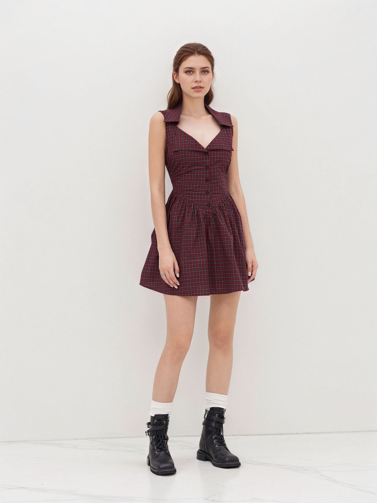 Red Plaid A-Line Mini Dress with Spread Collar