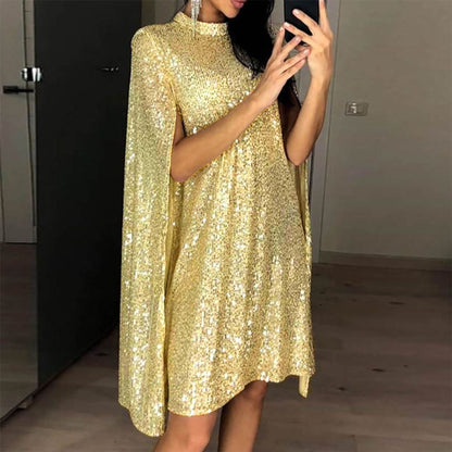 A-Line Sequin Dress with Stand Collar and Cape Sleeves