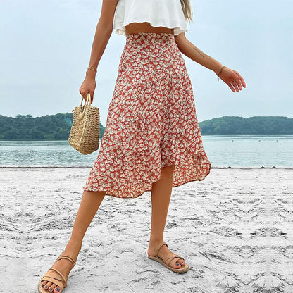 Tiered Floral Midi Skirt with High Waist and Irregular Hem