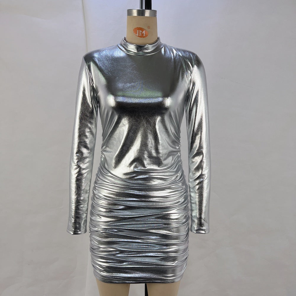 Mid-Length Pleated Long Sleeve Dress Solid Color Polyester