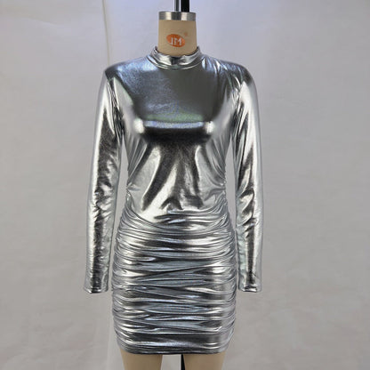 Mid-Length Pleated Long Sleeve Dress Solid Color Polyester