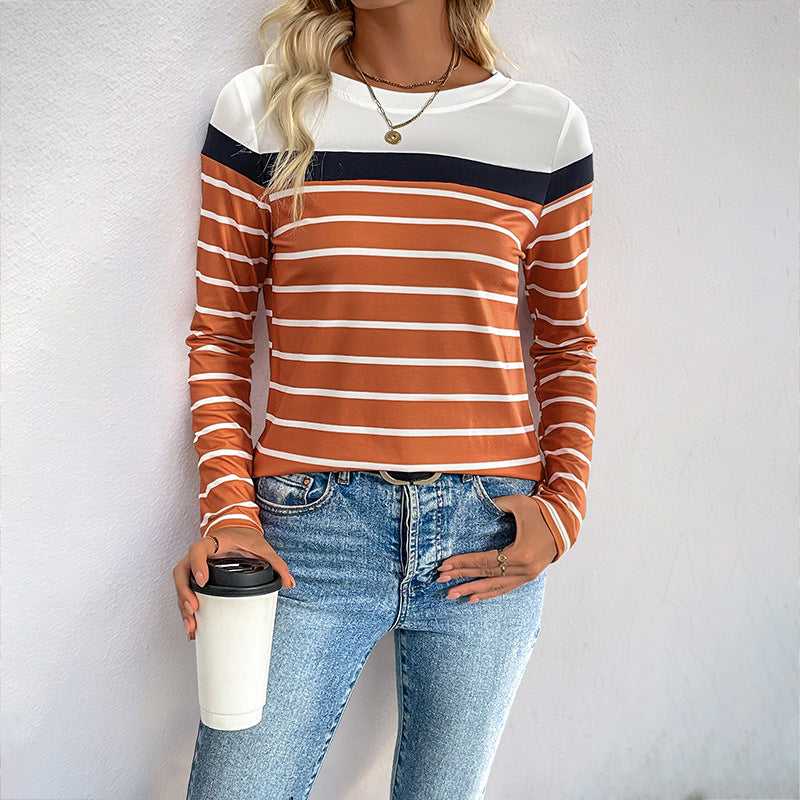 Color Block Striped Long-Sleeve Top with Round Neck
