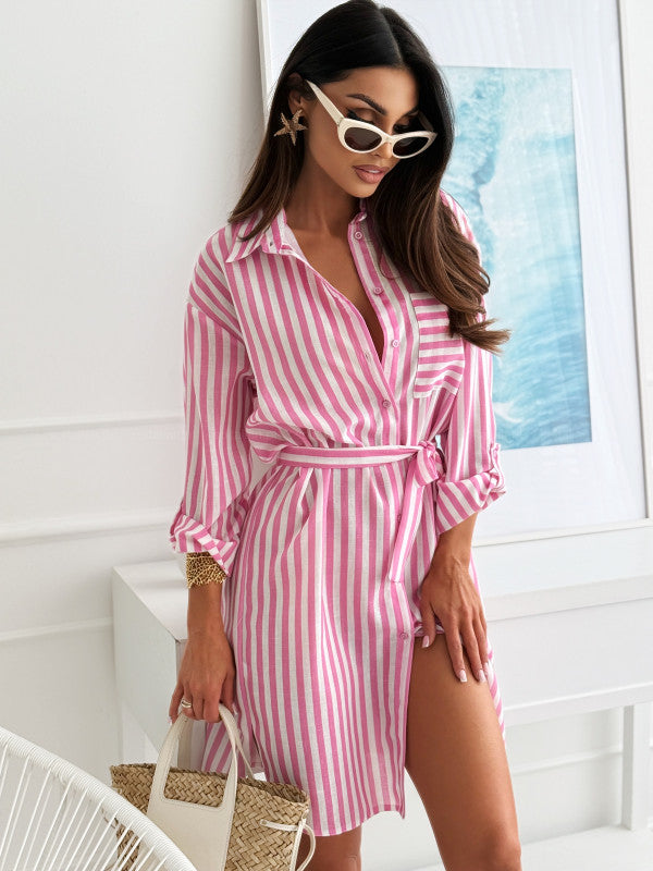 Printed Lapel Shirt Dress with Belted Waist