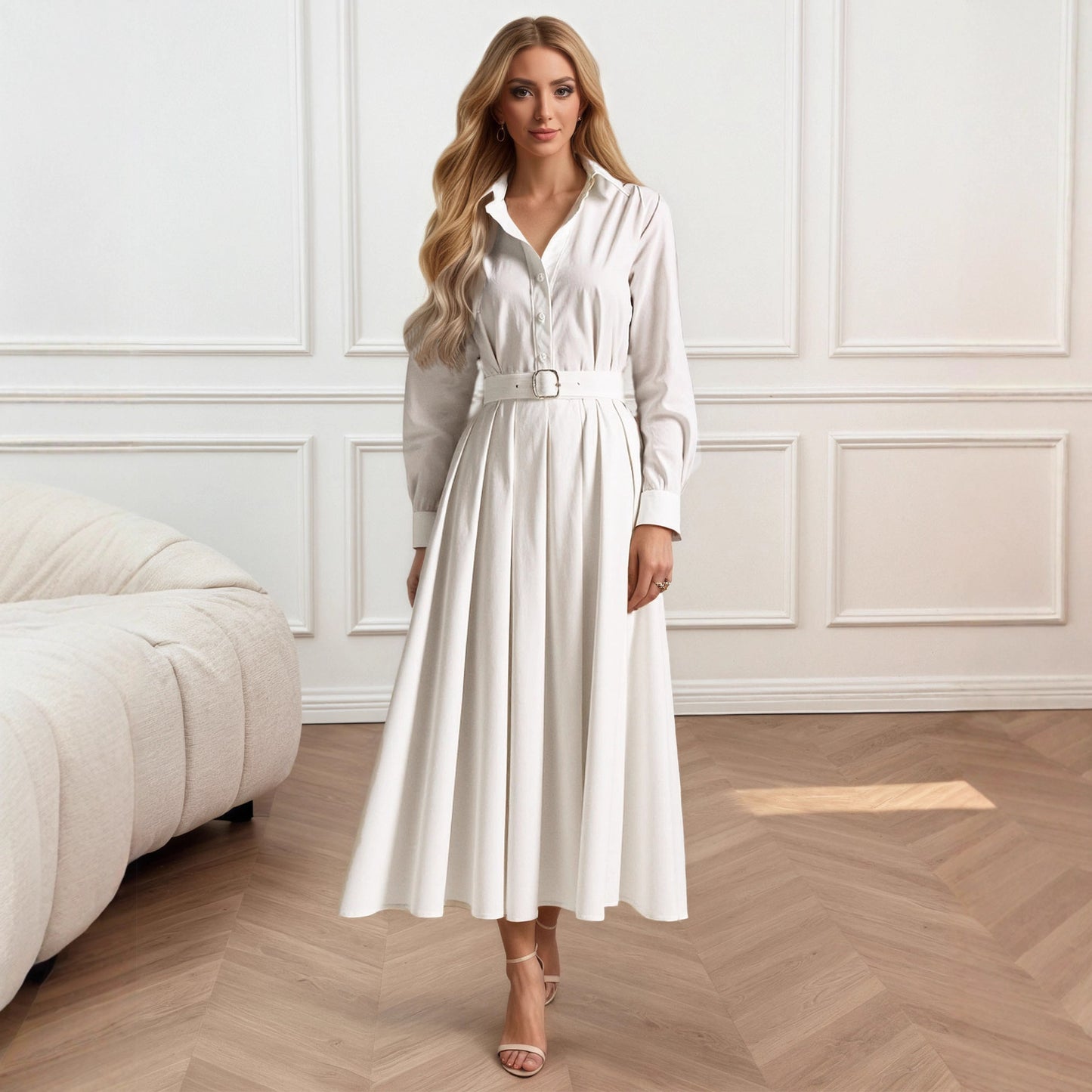 Solid A-Line Shirt Dress with Belt and Pleated Skirt