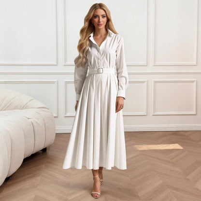 Solid A-Line Shirt Dress with Belt and Pleated Skirt