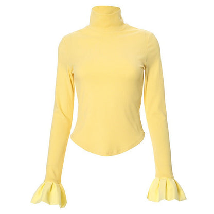 Slim-Fit Cropped Top with Half-High Collar and Ruffled Cuffs