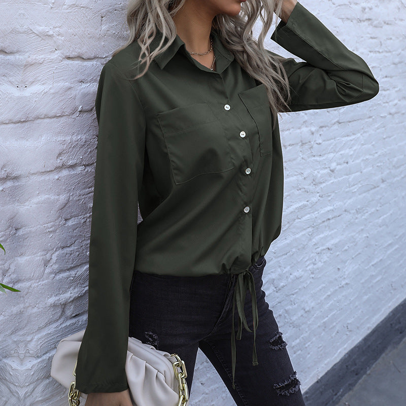 Solid Button-Down Shirt with Drawstring Hem and Chest Pockets