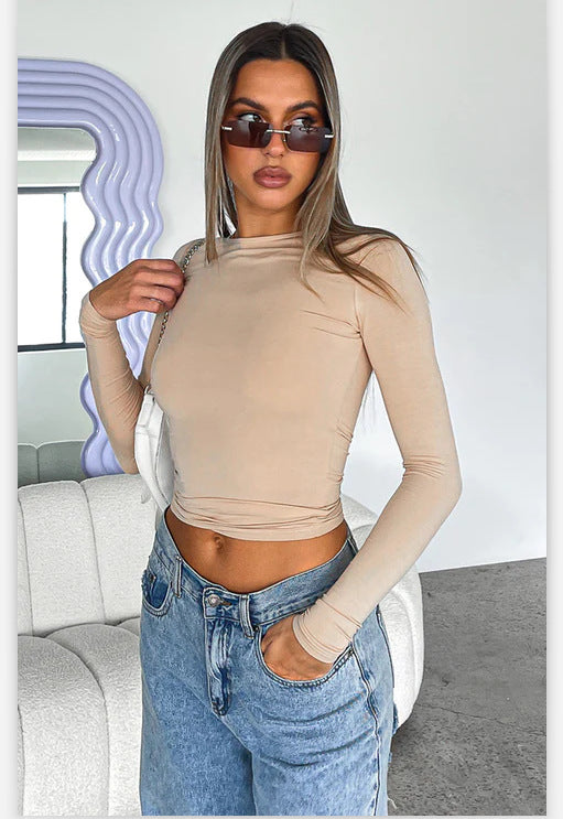 Slim Fit Long Sleeve Crewneck Top in Solid Colors