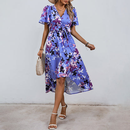 Floral Print Wrap Dress with Flutter Sleeves and High-Low Hem