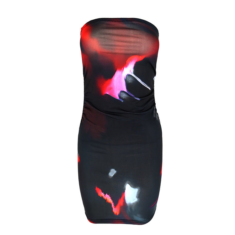 Ruched Strapless Bodycon Mini Dress with Abstract Floral Print