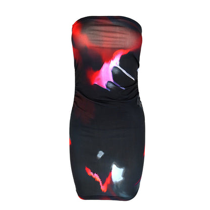 Ruched Strapless Bodycon Mini Dress with Abstract Floral Print
