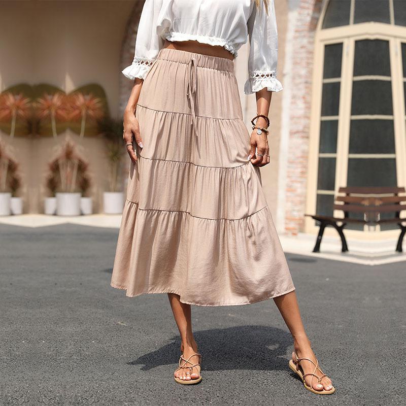 Tiered A-Line Midi Skirt with Drawstring Waist