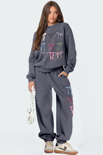 Oversized Sweatshirt and Wide-Leg Pants Set with Bow Print