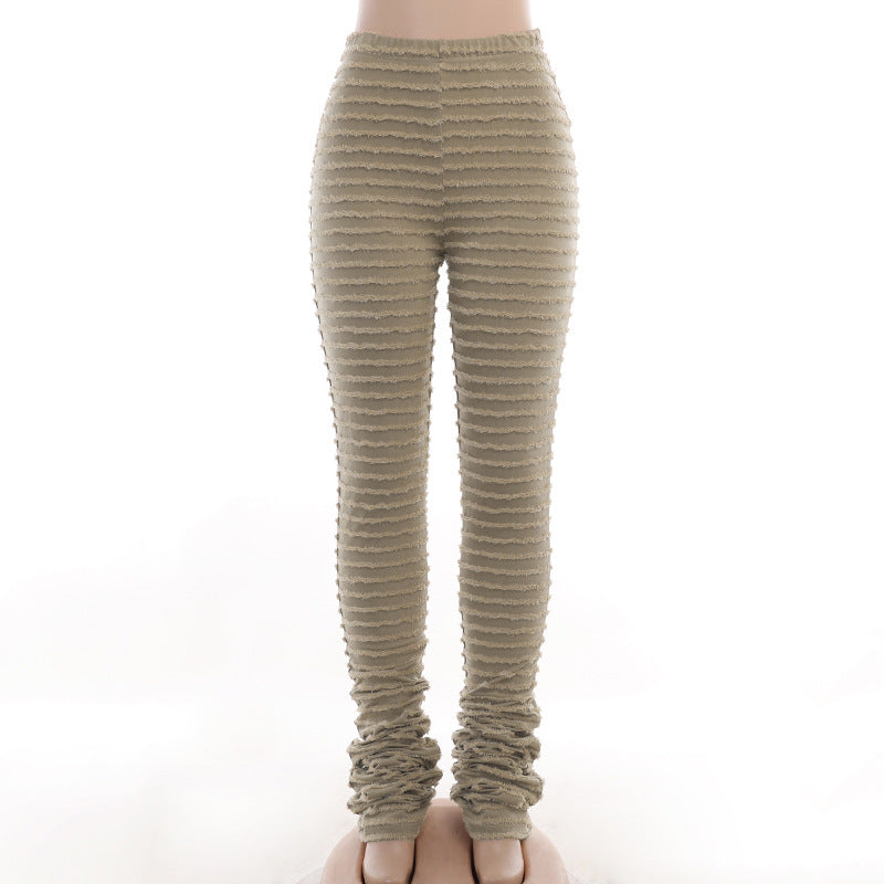 Striped High-Waist Knit Trousers with Fringed Detail