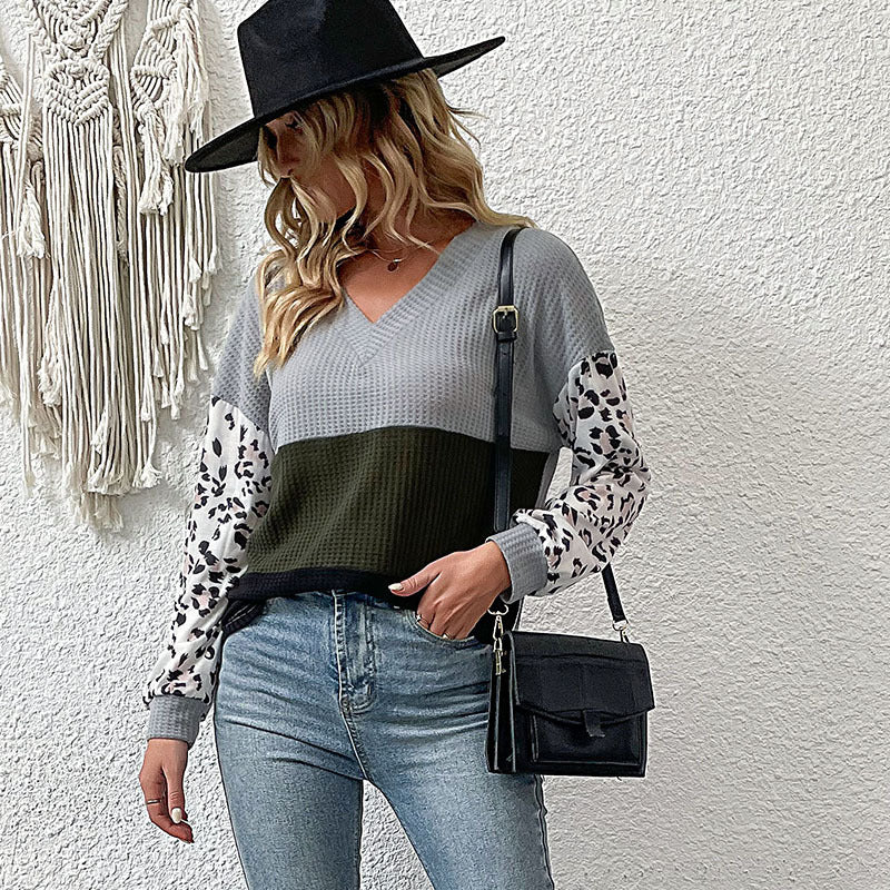 Color Block Knit Top with Leopard Sleeves and V-Neck