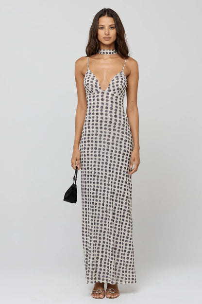 Polka Dot Slim-Fit Maxi Dress with Deep V-Neck and Scarf