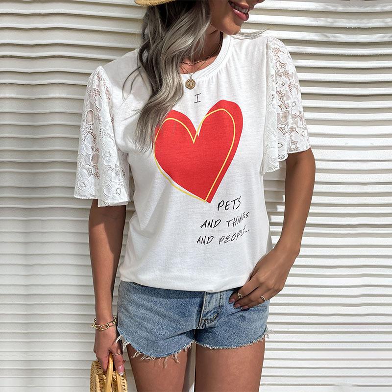 Love Heart Graphic T-Shirt with Lace Short Sleeves