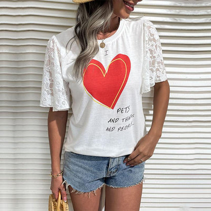 Love Heart Graphic T-Shirt with Lace Short Sleeves