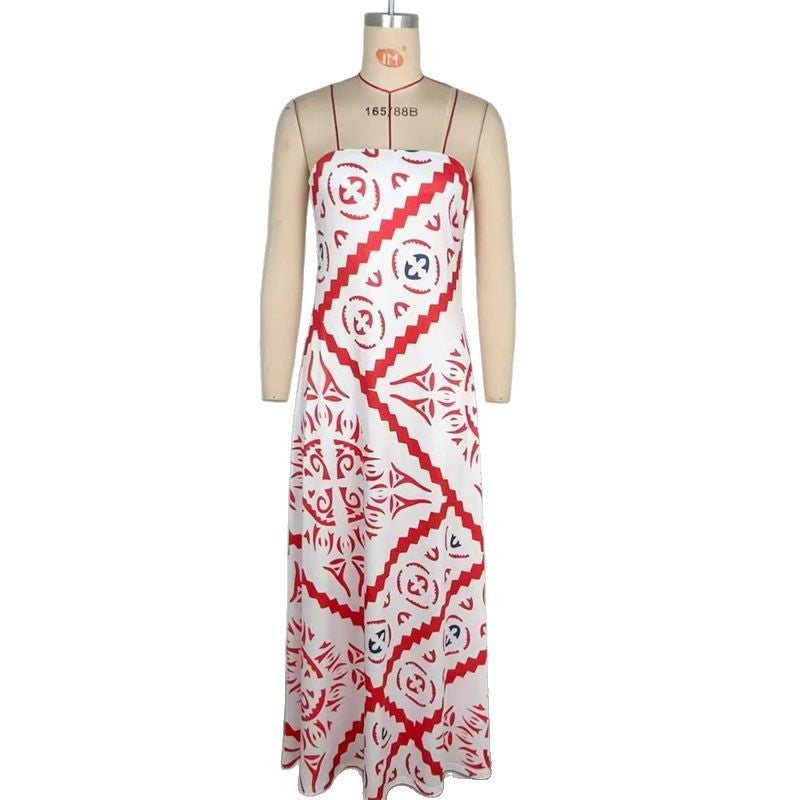 Geometric Print Strapless Maxi Dress with Backless Detail