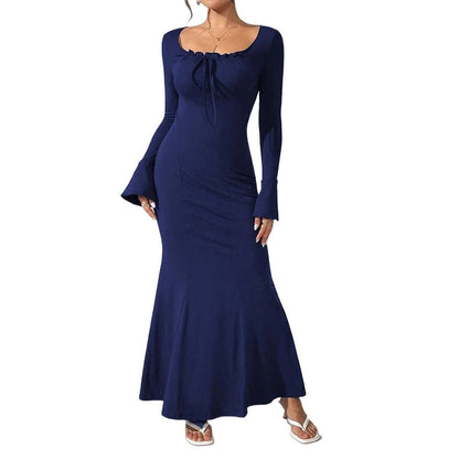 Long Sleeve Fishtail Maxi Dress with Drawstring Square Neck