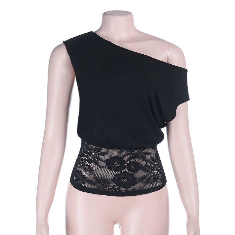 Off-Shoulder Top with Lace Patchwork Waist Detail