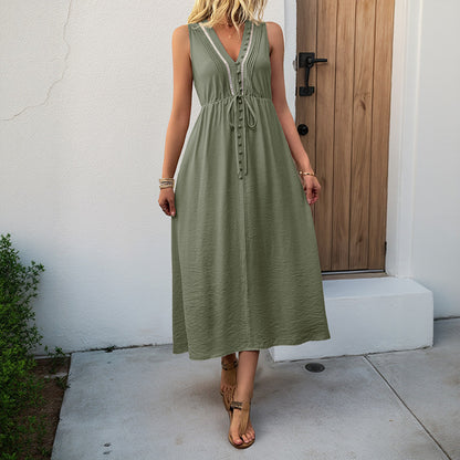 Solid A-Line Midi Dress with V-Neck and Tie Waist