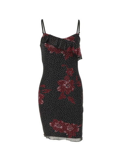 Floral Print Mesh Bodycon Dress with Ruffle V-Neck