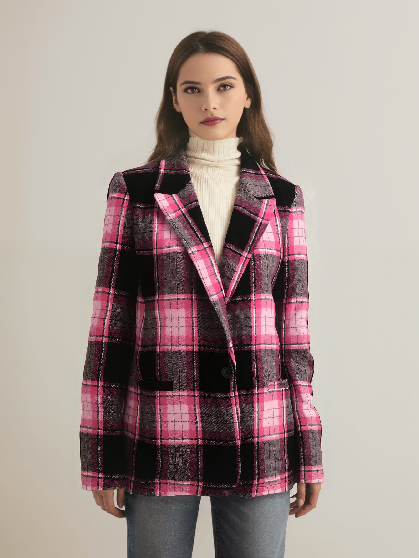 Plaid Blazer with Lapel Collar and Long Sleeves