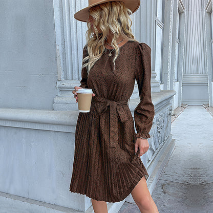 Leopard Print A-Line Midi Dress with Tie-Waist and Ruffle Cuffs