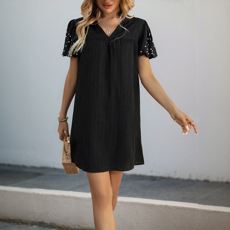 Shift Dress with V-Neck and Beaded Puff Sleeves