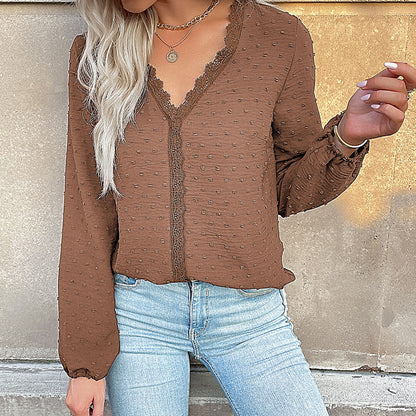 Solid Dotted Long-Sleeve Blouse with Lace Trim