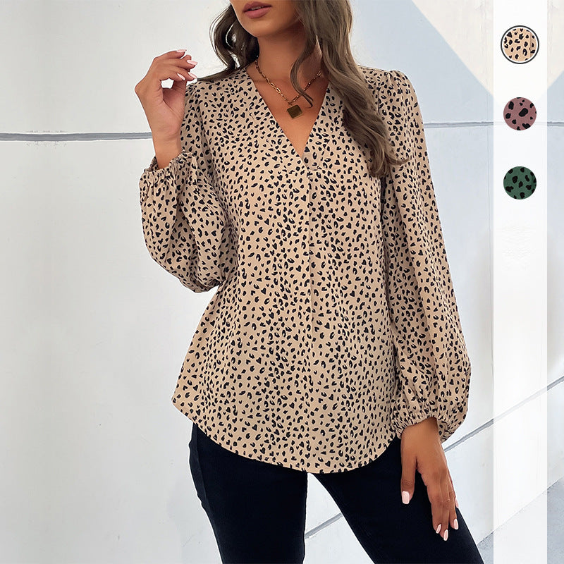 Leopard Dot Print Blouse with V-Neck and Long Sleeves