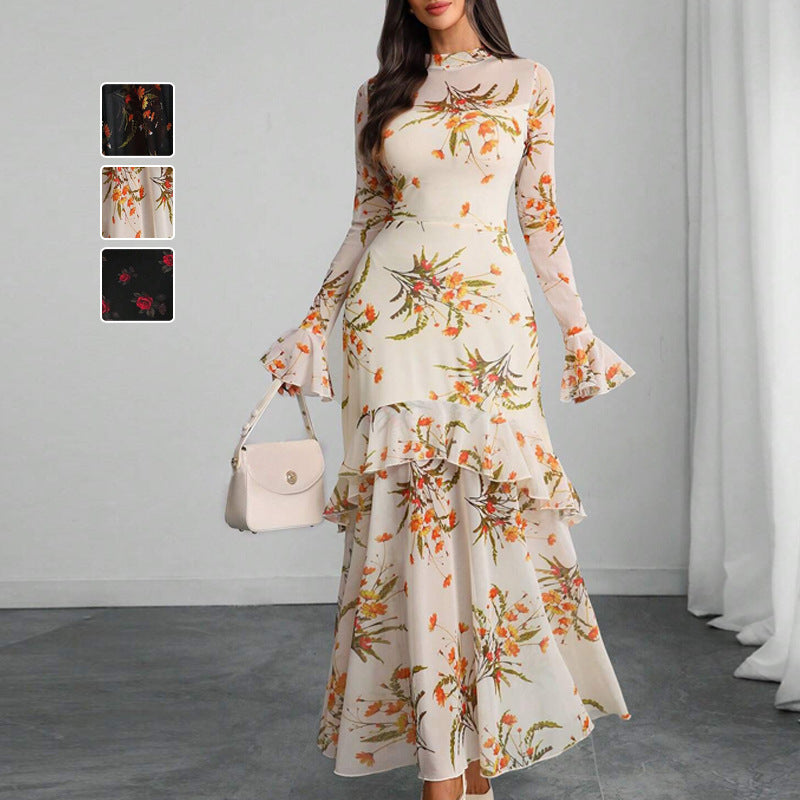Floral Print Tiered Maxi Dress with Ruffle Sleeves