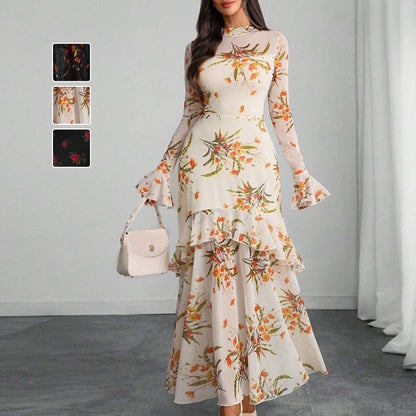 Floral Print Tiered Maxi Dress with Ruffle Sleeves
