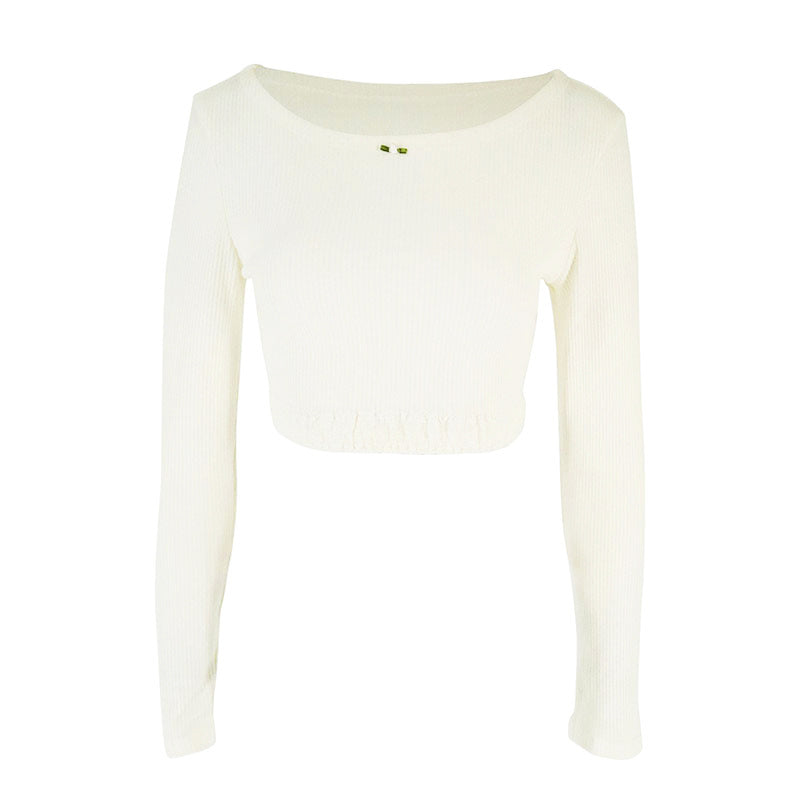 Ribbed Long Sleeve Crop Top with Scoop Neck and Lace Trim