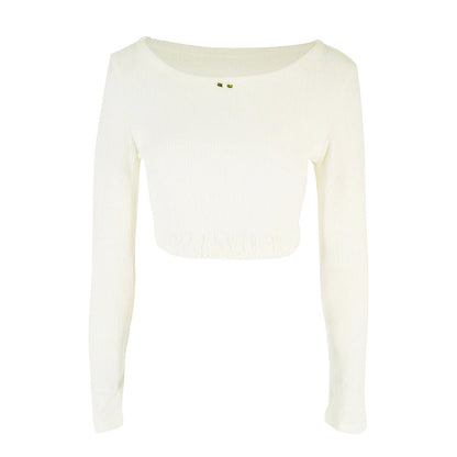 Ribbed Long Sleeve Crop Top with Scoop Neck and Lace Trim