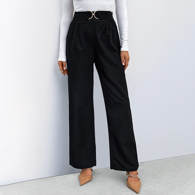 High-Waist Wide-Leg Pants with Buckle Detail