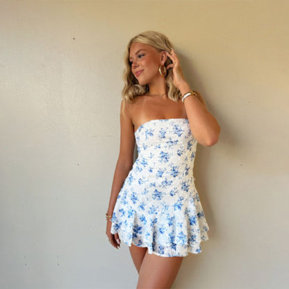 Strapless Floral Mini Dress with Tiered Ruffle Hem