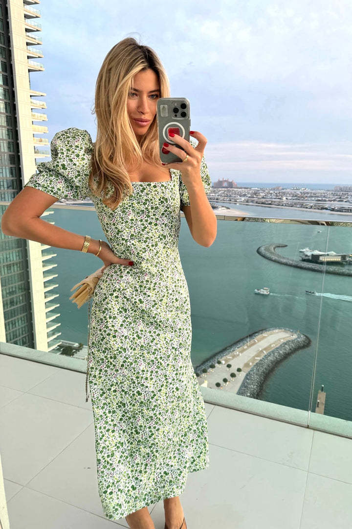 Ditsy Floral A-Line Dress with Square Neck and Puff Sleeves