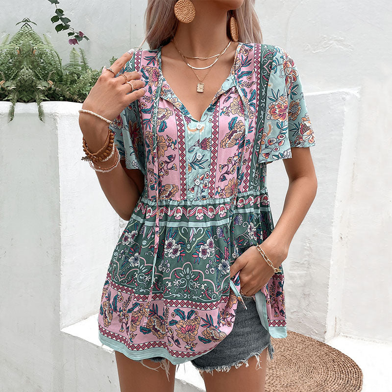 Bohemian Floral Print Tunic with Tie V-Neck and Flutter Sleeves