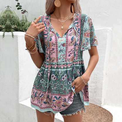 Bohemian Floral Print Tunic with Tie V-Neck and Flutter Sleeves