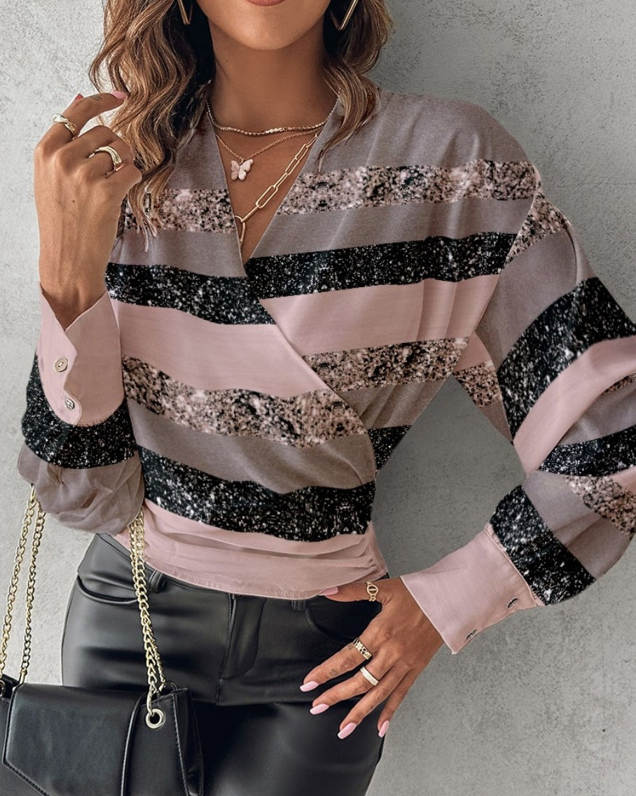 Printed Faux Wrap Blouse with V-Neck and Long Sleeves