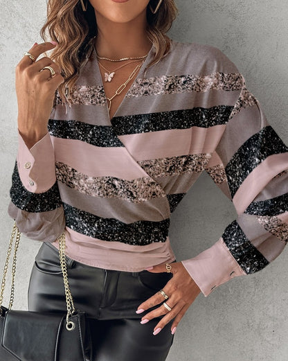Printed Faux Wrap Blouse with V-Neck and Long Sleeves