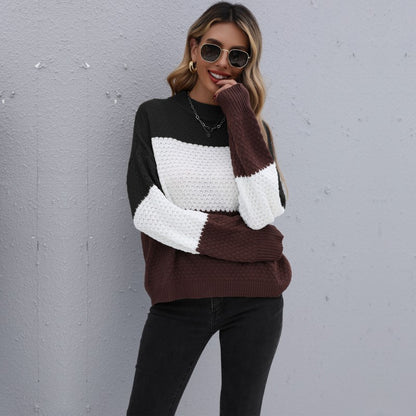 Loose Fit Color Block Knitted Pullover with Crewneck